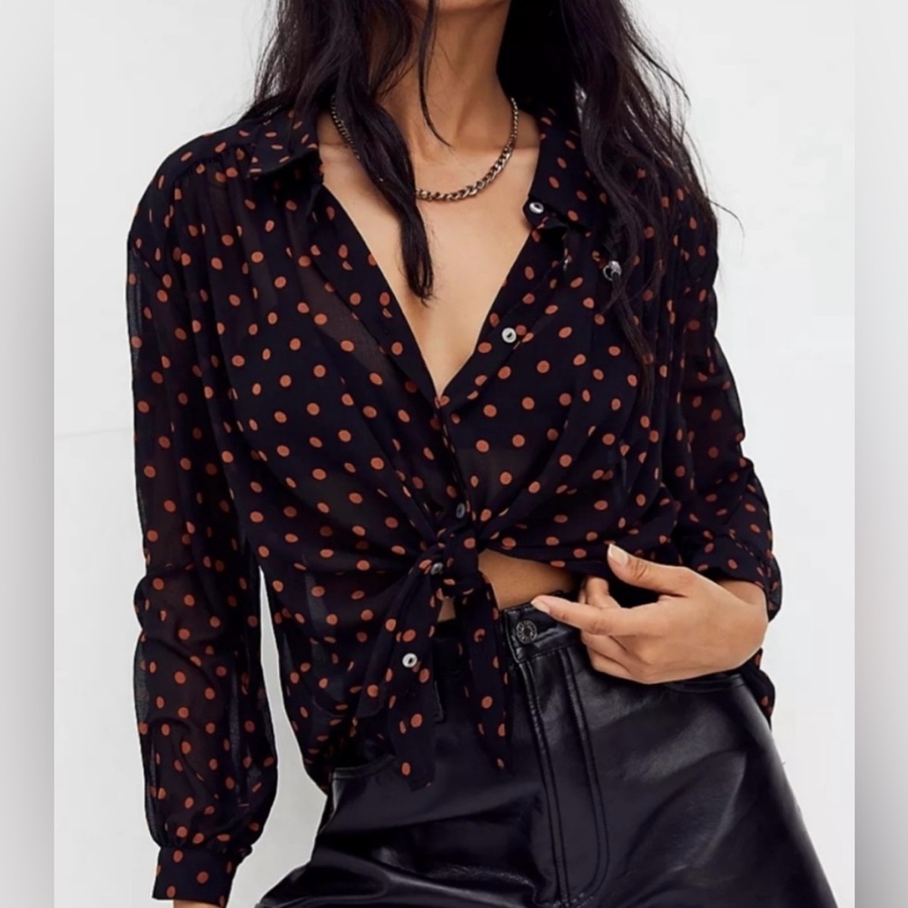 Free People Ciara Black with Orange Polka Dot Button Down Blouse - Size L